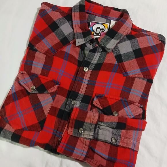 MAMBO Men's MED Red Plaid Flannel Shirt 100% Cotton Lightweight Fabulous Quality - Picture 7 of 12